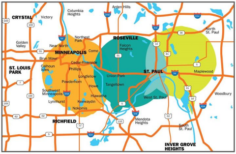 Map showing 3 Twin Cities LPFM station broadcast signals overlapping and reachng across the metro.